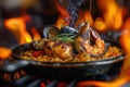 Mediterranean paella with shrimps, mussels, octopus and clams. Royalty Free Stock Photo