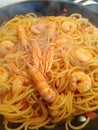 Mediterranean pasta with seafood and shrimp Royalty Free Stock Photo