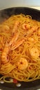 Mediterranean pasta with seafood and shrimp Royalty Free Stock Photo