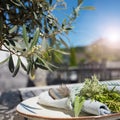 Mediterranean place setting on a wooden table Royalty Free Stock Photo