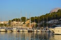 Mediterranean port scene, early morning golden  light. Royalty Free Stock Photo