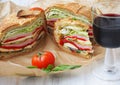 Mediterranean Pressed Picnic Sandwich with mozarella, grilled vegetables and ham. Spain Royalty Free Stock Photo