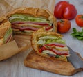 Mediterranean Pressed Picnic Sandwich with mozarella, grilled vegetables and ham. Spain Royalty Free Stock Photo