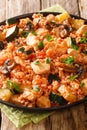 Mediterranean rice with chicken, zucchini and mushrooms in tomato sauce close-up in a frying pan. vertical
