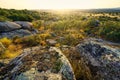 Mediterranean rocky green landscape with sun flare. Royalty Free Stock Photo