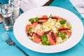 Mediterranean salad. Cabbage, tomatoes, smoked seeds, olives, olives, basil and rosemary, seasoned with olive oil and balsamic sau Royalty Free Stock Photo