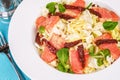 Mediterranean salad. Cabbage, tomatoes, smoked seeds, olives, olives, basil and rosemary, seasoned with olive oil and balsamic sau Royalty Free Stock Photo