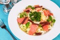 Mediterranean salad. Cabbage, tomatoes, smoked seeds, olives, olives, basil and rosemary, seasoned with olive oil and balsamic sau Royalty Free Stock Photo