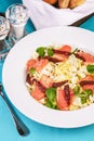 Mediterranean salad. Cabbage, tomatoes, smoked seeds, olives, olives, basil and rosemary, seasoned with olive oil and balsamic sau Royalty Free Stock Photo