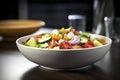 A Mediterranean salad, with tomatoes, cucumber, feta cheese, and a lemony dressing.Â 