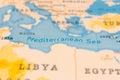 Mediterranean Sea in Focus on a Tilted World Map.
