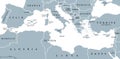 The Mediterranean Sea, countries and borders, gray political map Royalty Free Stock Photo