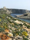 Scenic Malta landscape with Comino island, breathtaking cliffs, St Mary\'s Tower, Blue lagoon,