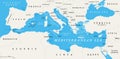 Mediterranean Sea subdivisions, political map, with the Black Sea Royalty Free Stock Photo