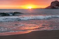 Mediterranean sea sunset at Port Ginesta beach, Sitges, Catalonia, Spain. Royalty Free Stock Photo