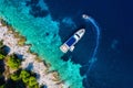 Mediterranean sea. View on marina from drone. Aerial view of floating boat on blue sea at sunny day. Travel and vacation image. Bl