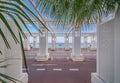 Mediterranean Sea and white colonnade on Promenade des Anglais at sunset in Nice France