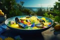 Mediterranean seafood soup against the picturesque backdrop of the sea Royalty Free Stock Photo