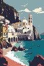 Mediterranean Seaside town Mediterranean coast travel to Europe. landscape background Vector illustration