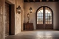 Mediterranean style hallway with arched door. Interior design of modern rustic entrance hall in farmhouse