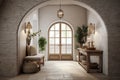 Mediterranean style hallway with arched door. Interior design of modern rustic entrance hall in farmhouse