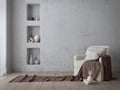 Mediterranean style interior.Armchairs on wooden floor and white concrete background.