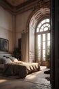 Mediterranean style interior of bedroom with huge door to the terrace