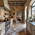 Mediterranean-style kitchen with terracotta tiles and iron accents Royalty Free Stock Photo