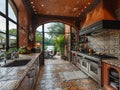 Mediterranean-style kitchen with terracotta tiles and iron accents Royalty Free Stock Photo