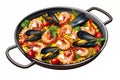 Mediterranean style seafood paella with a colorful assortment of shrimp, mussels and fish fillets, in a large pan on a Royalty Free Stock Photo