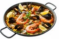 Mediterranean style seafood paella with a colorful assortment of shrimp, mussels and fish fillets, in a large pan on a Royalty Free Stock Photo