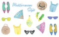 Mediterranean style watercolor illustration. Mediterranean accessories on white background.