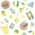 Mediterranean style watercolor pattern. Summer nature view. Accessories with lemons. Seamless pattern.