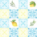 Mediterranean style watercolor illustration. Seamless pattern. Mediterranean tiles.