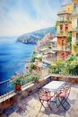 Mediterranean summer landscape. Beautiful view on old town in the mountains by the sea. Vertical artwork, watercolor