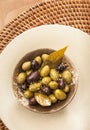 Mediterranean tapas appetizers serving bowl with green and black Royalty Free Stock Photo