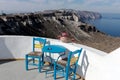 Mediterranean terrace with amazing view of sea and Caldera, Santorini Royalty Free Stock Photo