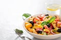 Mediterranean tomato salad panzanella with bread and fresh vegetables in the ceramic bowl.