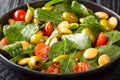 Mediterranean vegan salad of spinach, lupine beans, tomatoes and olives close-up in a plate. horizontal