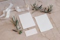 Mediterranean wedding stationery set. Greeting cards, RSVP, invitations mock ups. Cotton paper. Beige marble background