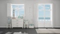 Mediterranean white and gray living, windows with sea panorama, Royalty Free Stock Photo