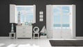 Mediterranean white and gray living, windows with sea panorama, Royalty Free Stock Photo