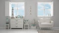 Mediterranean white living, panoramic windows, summer hotel resort interior design Royalty Free Stock Photo