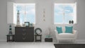 Mediterranean white living, panoramic windows, summer hotel resort interior design Royalty Free Stock Photo