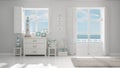 Mediterranean white living, windows with sea panorama, summer ho Royalty Free Stock Photo