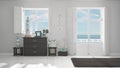 Mediterranean white living, windows with sea panorama, summer ho Royalty Free Stock Photo