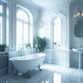 Mediterranian Interior Design Of Bathroom With Decorative Wall And Bathtub, large Panoramic Window With View, Generative AI