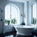 Mediterranian Interior Design Of Bathroom With Decorative Wall And Bathtub, large Panoramic Window With View, Generative AI