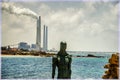 The Mediterranian sea and Iron Man Statue in Caesarea, Israel