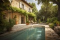 mediterrnean house exterior with garden and swimming pool, close-up Royalty Free Stock Photo